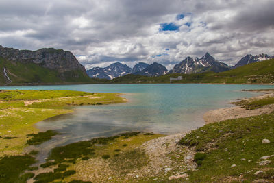 Scenic view of lake and mountains against sky