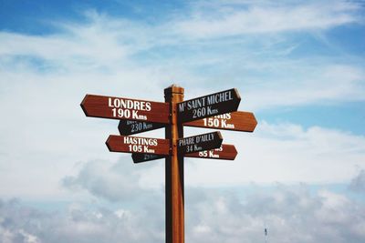 Low angle view of road sign against sky