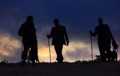 Silhouette people standing on field against sky during sunset