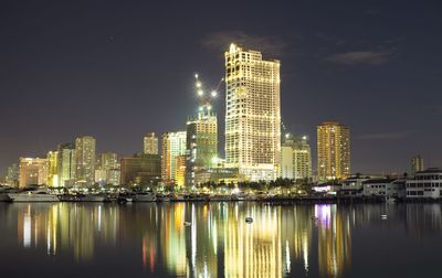 View of city lit up at night