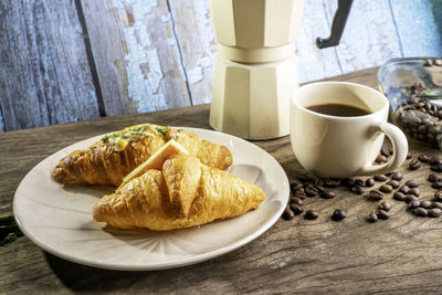 High angle view of breakfast served on table