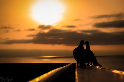 Silhouette people on beach against sky during sunset