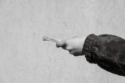Cropped hand of woman with hands against wall