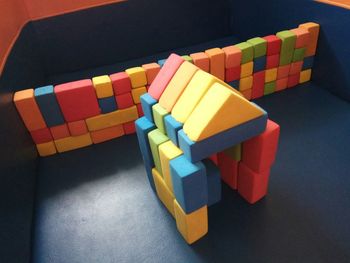 High angle view of toys on table