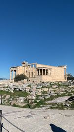 Exterior of temple against clear blue sky