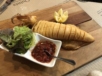High angle view of breakfast served on table