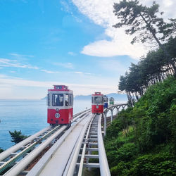 Train on railroad track against sky