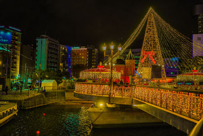 Illuminated buildings in city at night