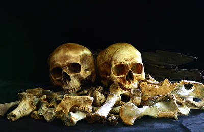 Close-up of human skull against black background