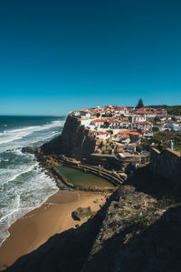 Scenic view of sea against clear blue sky