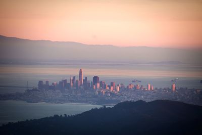 Panoramic view of buildings in city during sunset