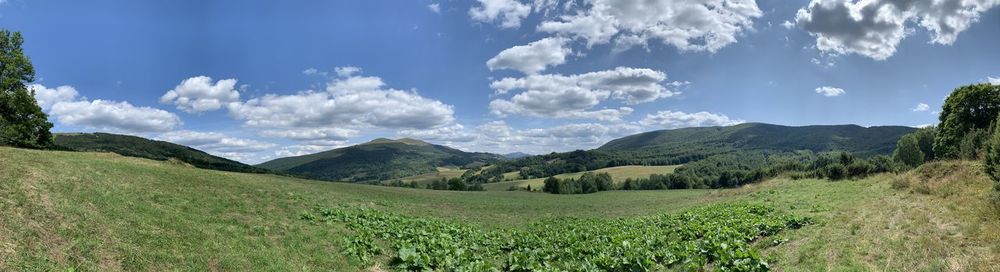 Panoramic view of agricultural field against sky