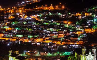 High angle view of illuminated buildings at night