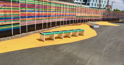 High angle view of empty chairs in city