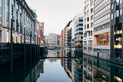 Reflection of buildings on canal in city
