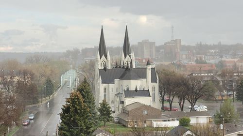 High angle view of buildings against sky