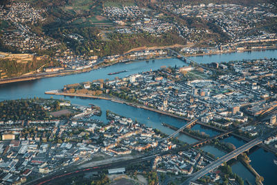 High angle view of river amidst buildings in city