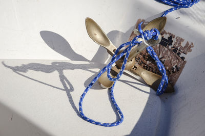 Anchor with blue rope in boat