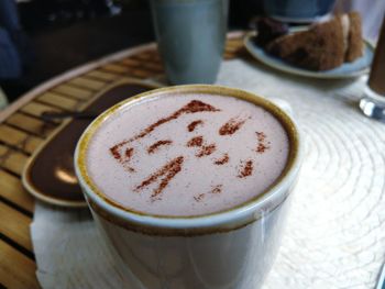 High angle view of cappuccino on table