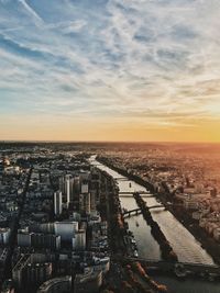 High angle view of cityscape against sky during sunset