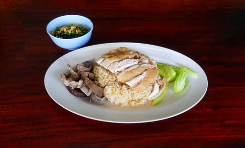 High angle view of food in plate on table