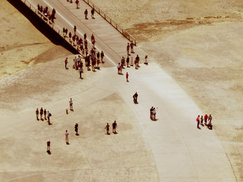 High angle view of people on the road