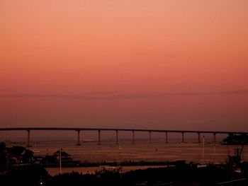 Silhouette bridge against orange sky