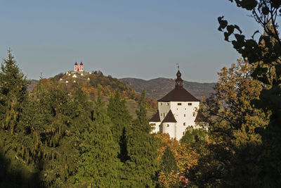 Panoramic view of trees and buildings against sky