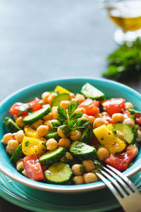 Close-up of salad in bowl on table