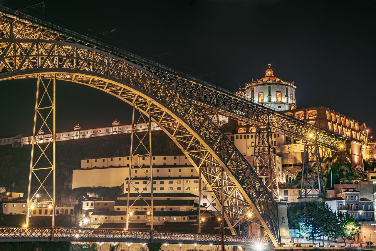 ILLUMINATED BRIDGE OVER RIVER WITH CITY IN BACKGROUND