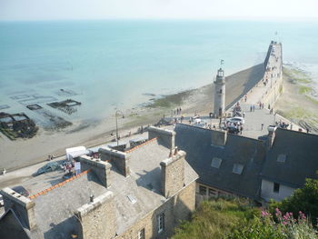 High angle view of buildings by beach