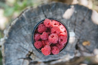 High angle view of strawberries in bowl