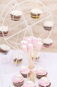 High angle view of cupcakes on table