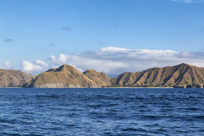 Scenic view of sea and mountains against sky