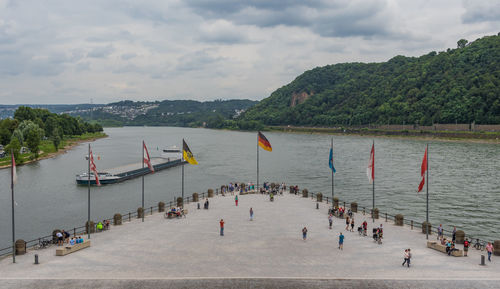 High angle view of people on beach against sky