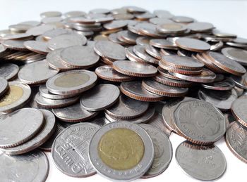 High angle view of coins on table