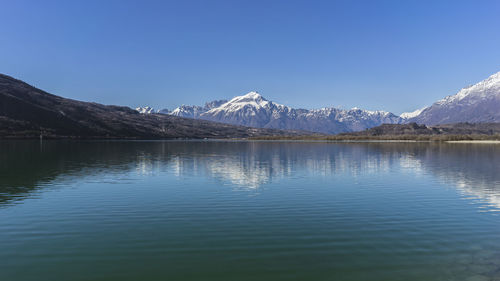 Scenic view of lake and mountains against clear sky