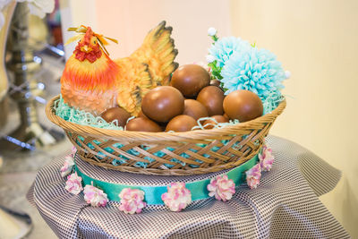 Close-up of eggs and decor in basket