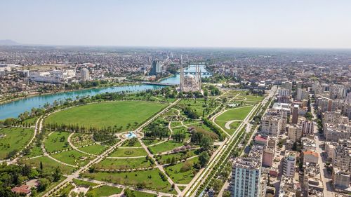 High angle view of buildings in city