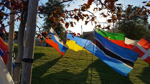 Clothes drying on clothesline against sky