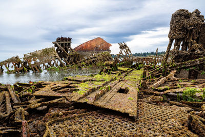 Stone wall by sea against sky