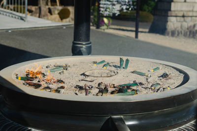 Close-up of cigarette smoking on street in city