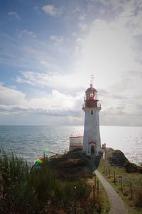 Lighthouse by sea against sky