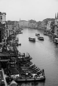 Boats in river with city in background