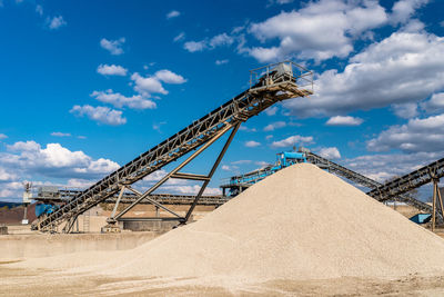 Conveyor over heaps of gravel on blue sky at an industrial cement plant.