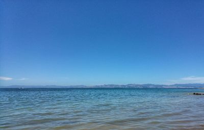 Scenic view of sea against clear blue sky