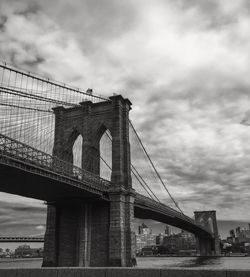 Low angle view of suspension bridge against cloudy sky