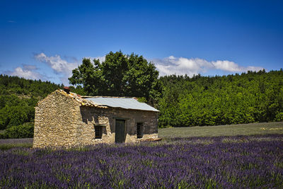 Built structure on field against sky