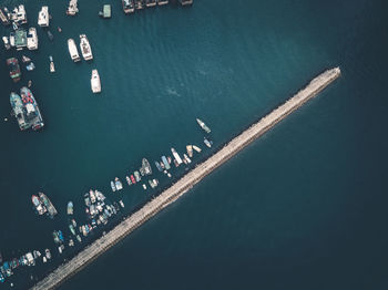 High angle view of people on boat in sea