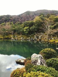 Scenic view of lake by mountain against sky